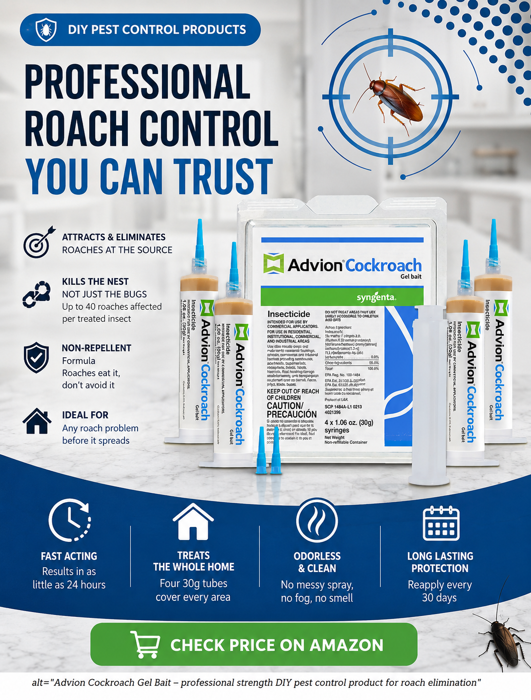Advion Cockroach Gel Bait - professional strength DIY pest control product for roach elimination