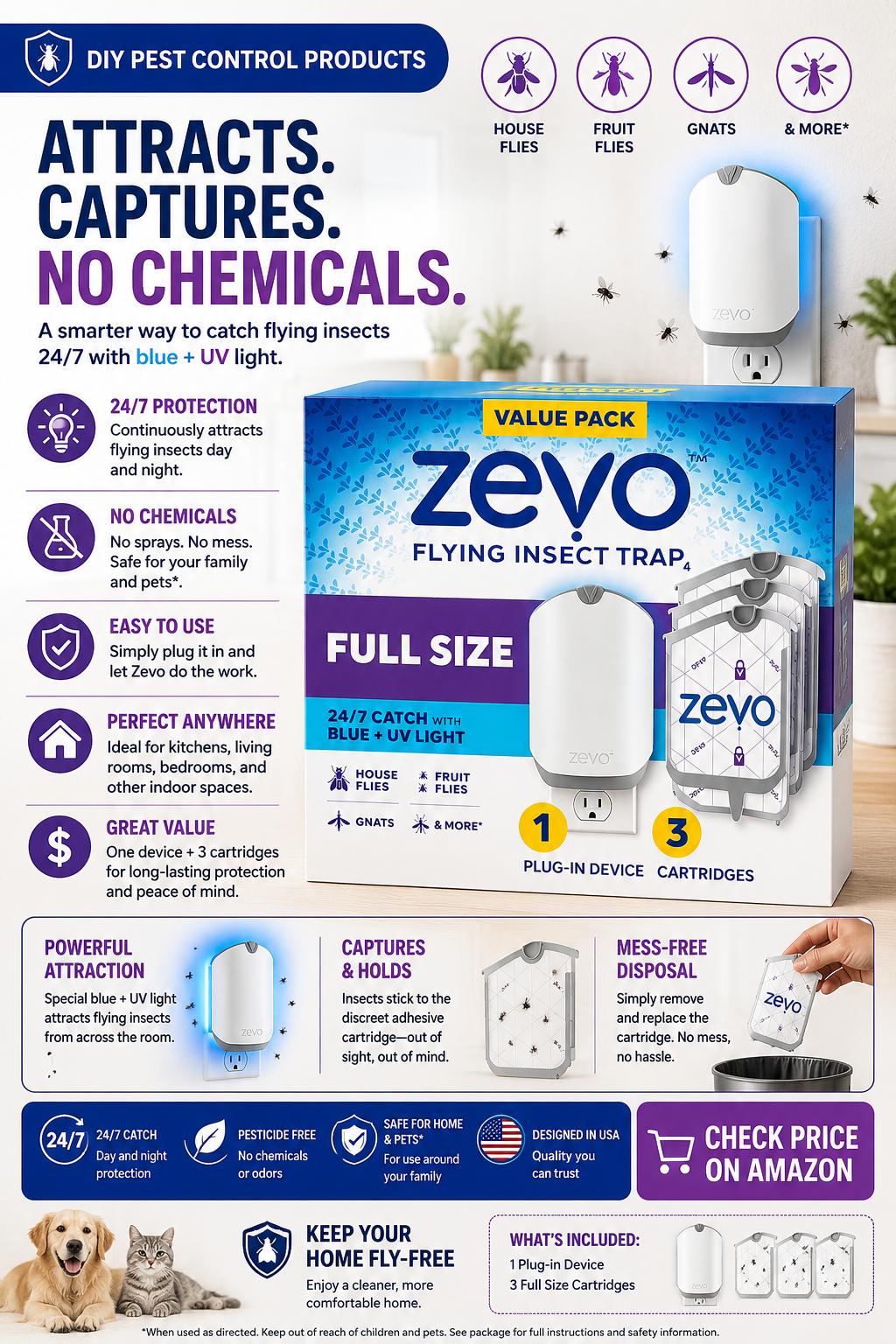 Zevo Flying Insect Trap value pack - plug-in blue and UV light trap for house flies, fruit flies and gnats